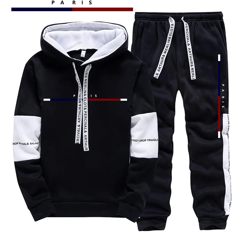 Street Fashion China - Setelan Pria Motif Cetak Paris/Hoodie/Celana, Pakaian